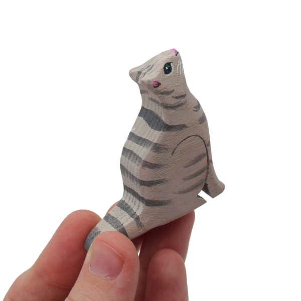 Grey Cat Looking Up Wooden Figure in Hand - by Good Shepherd Toys