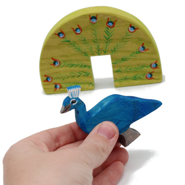 Peacock Male Feathers Spread Wooden Bird In Hand by Good Shepherd Toys